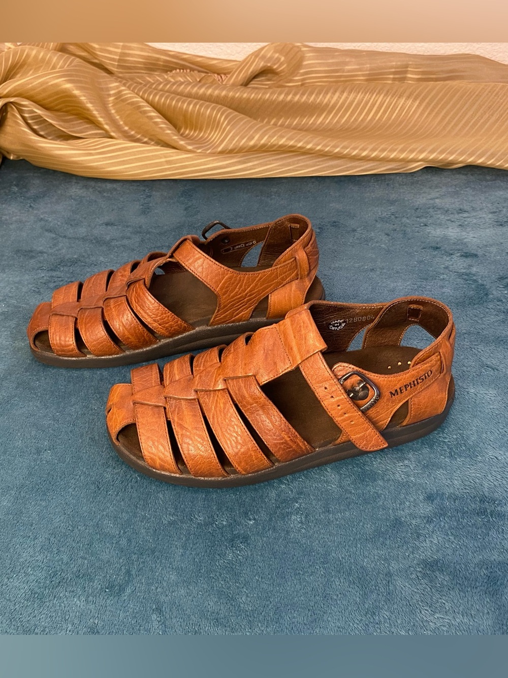 MEPHISTO Men's Brown Leather Fisherman Sandals, straps, size 10